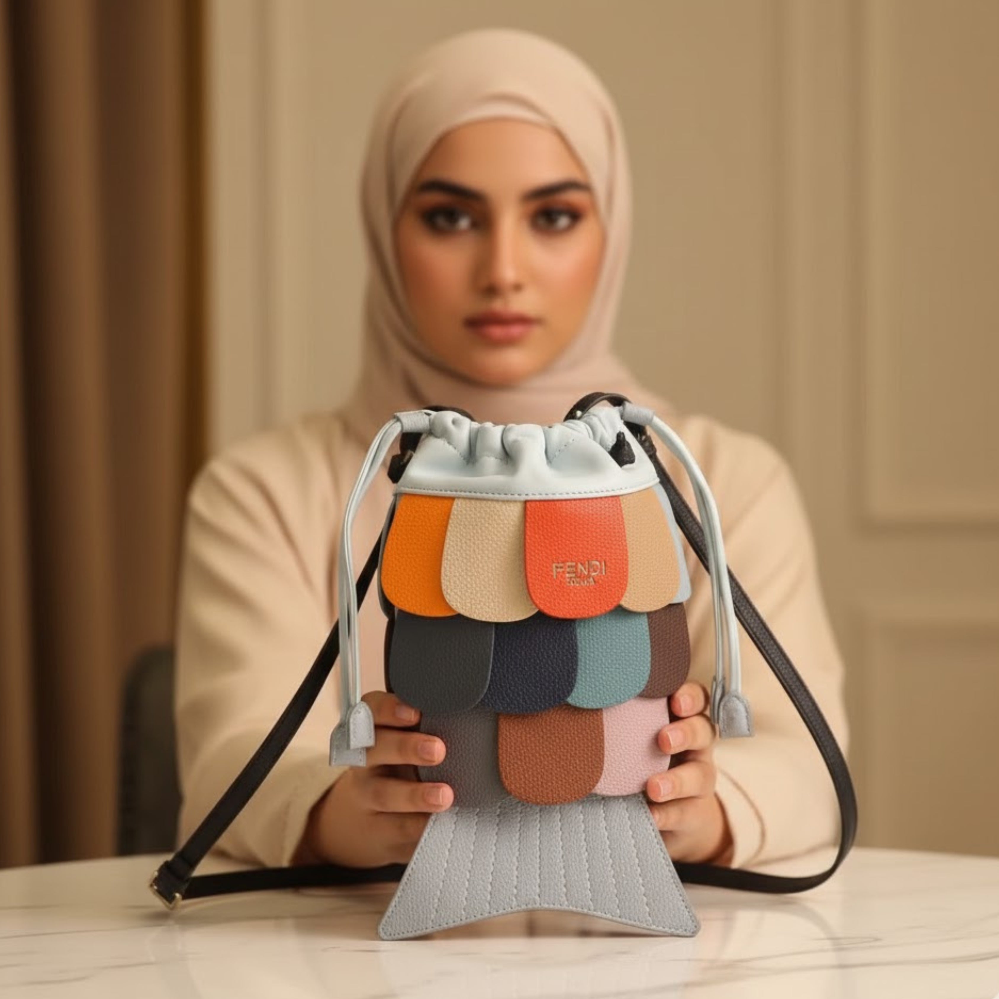 FENDI Women’s Luxury Fish Tail Handbag – Colorful Patchwork Bucket Bag | Premium Designer Fashion in Dubai